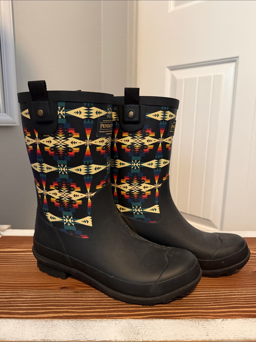 Pendleton Black Rain Boots with Cream, Red, Teal & Yellow Geometric Print